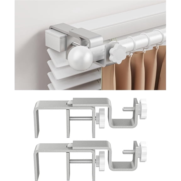 Over-Blinds Curtain Rod Brackets for Outside-Mounted Blinds, Blinds Curtain Rod Brackets for 1.3–2” Rectangular Headrails, Tool-Free No-Drill Installation for Apartments, Rentals Set of 2 (Silver)