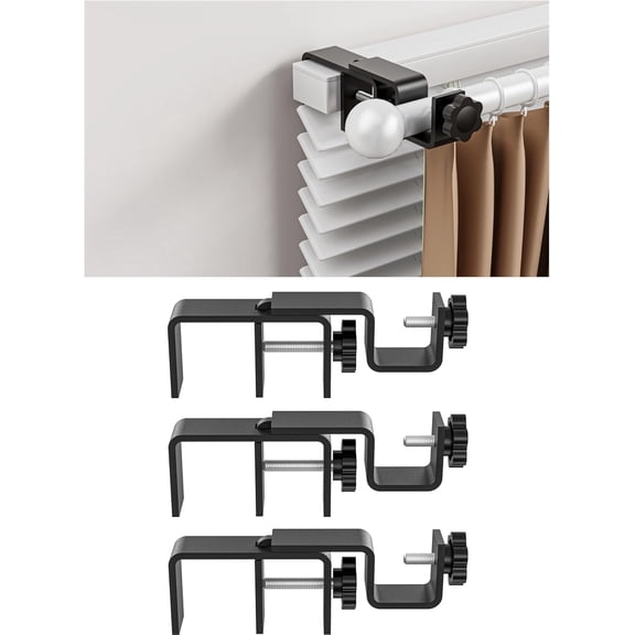 Over-Blinds Curtain Rod Brackets for Outside-Mounted Blinds, Blinds 1.3–2” Rectangular Headrails, Tool-Free No-Drill Installation Apartments, Rentals Set of 3 (Black)