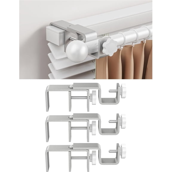 Over-Blinds Curtain Rod Brackets for Outside-Mounted Blinds, Blinds Curtain Rod Brackets for 1.3–2” Rectangular Headrails, Tool-Free No-Drill Installation for Apartments, Rentals Set of 3 (Silver)