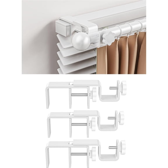 Over-Blinds Curtain Rod Brackets for Outside-Mounted Blinds, Blinds Curtain Rod Brackets for 1.32 Rectangular Headrails, Tool-Free No-Drill Installation for Apartments, Rentals Set of 3 (White)