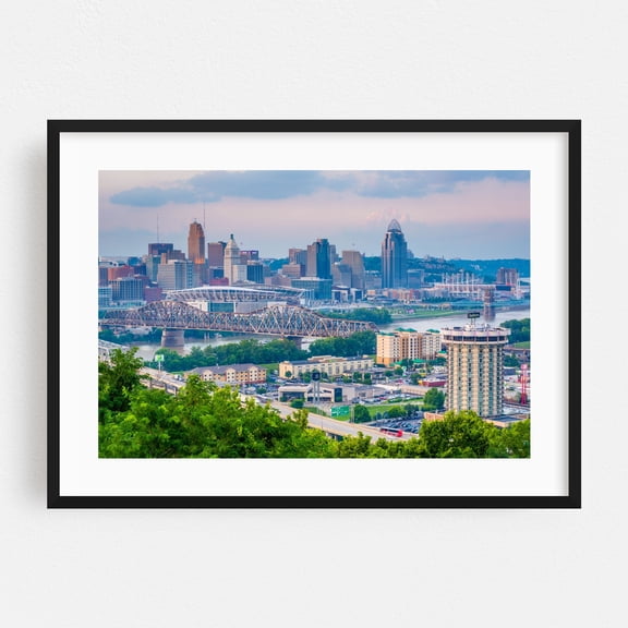 Over Cincinnati 02 - Cincinnati Ohio Photography Skyline City Bridge Architecture Scenic Travel Poster Black Framed Wall Art Print 5 x 7 inches