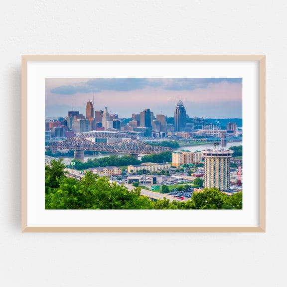 Over Cincinnati 02 - Cincinnati Ohio Photography Skyline City Bridge Architecture Scenic Travel Poster Oak Framed Wall Art Print 5 x 7 inches