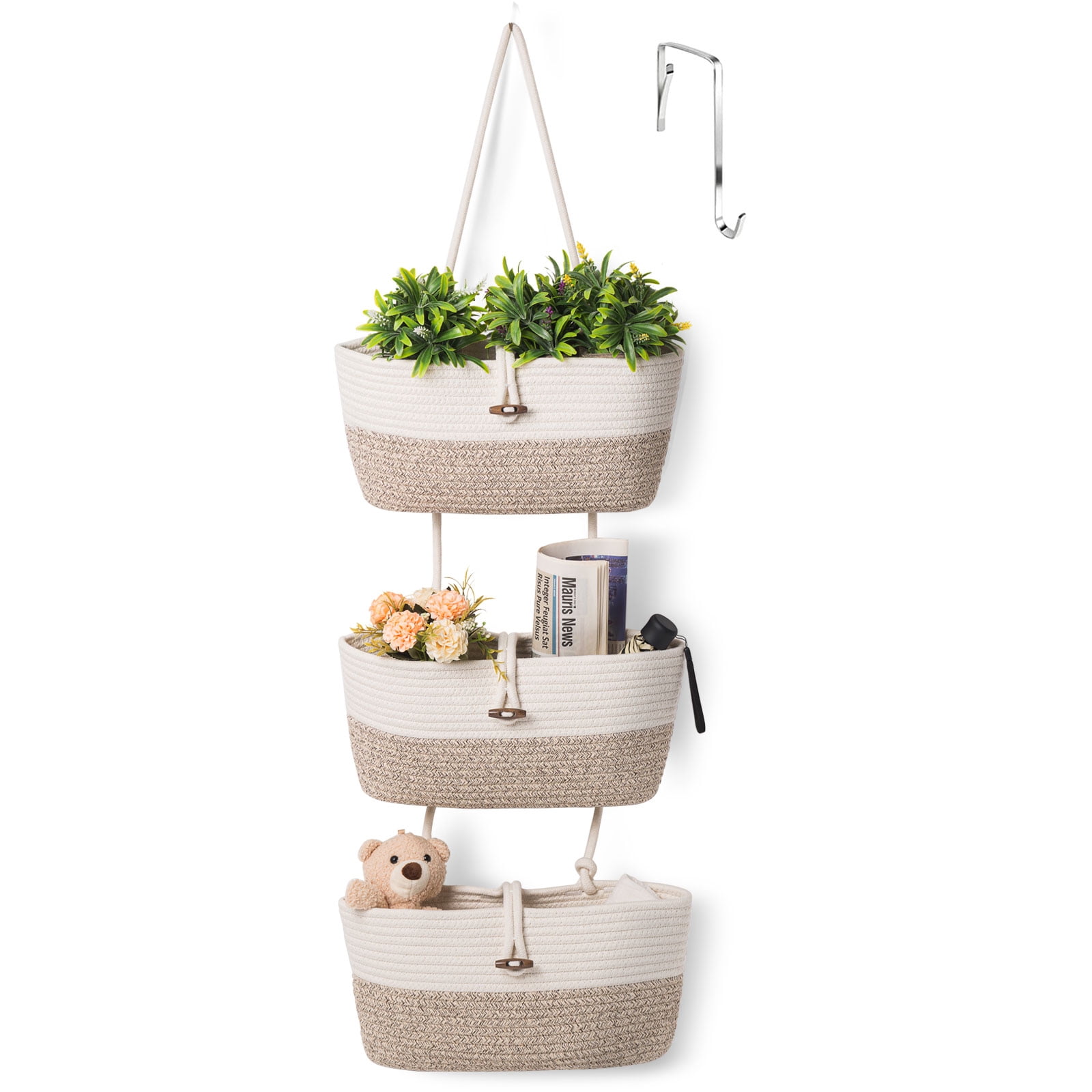 Woven cotton three tier basket organizer with household items