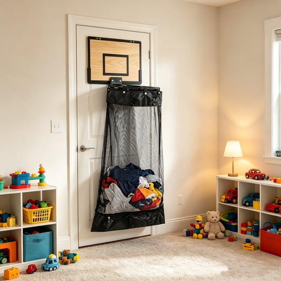 Over Door Basketball Hoop Laundry Hamper, Mesh Hanging Dirty Clothes Basket Kids Room Toy Storage Bag