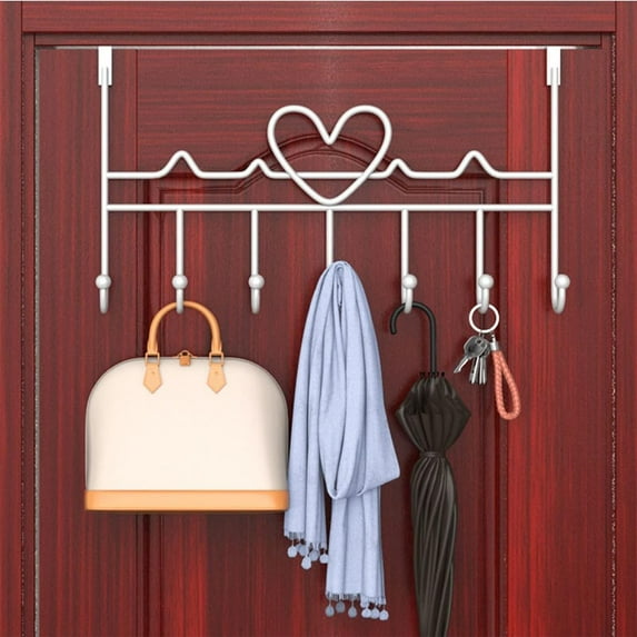 Over Door Hanger with 7 Hooks, Metal Over the Door Towel Hook, Decorative Overdoor Organizers for Home, Bathroom and Bedroom, White