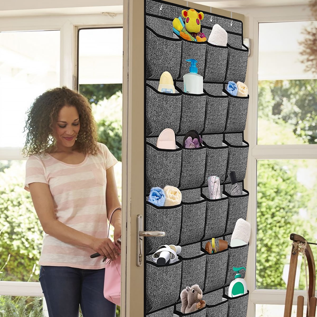 Over the Door Hanging Shoe Rack Organizer for Closet Door, Storage Holder  with 24 Large Pockets & 4 Sturdy Hooks for Kids Women Men Shoes ,Slippers,Cruise,Dorm,Sneakers (Black) 