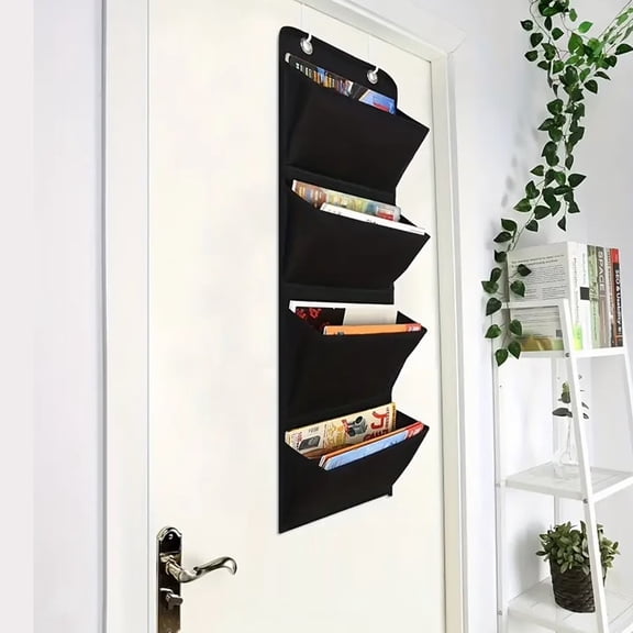 Over-Door Hanging Wall File Organizer Waterproof Oxford Cloth Storage Folder with 4 Cascading Pockets for Magazine, Book, Document & Mail, Black