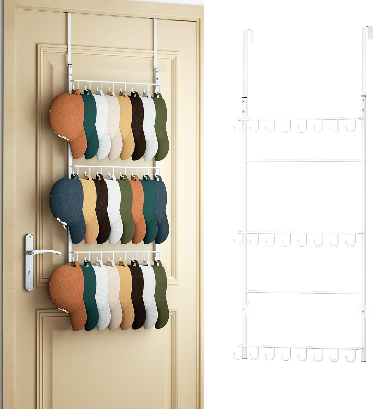 Over Door Hat Rack - 3 Tier Wall Mounted Hat Organizer with 24 Hooks ...