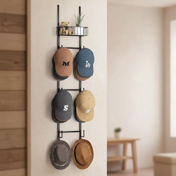 Over Door Hat Rack - Wall Mounted Organizer with 6 Hooks and Metal Basket Design, Cap Storage Holder for Door, Bedroom, Closet (Black)