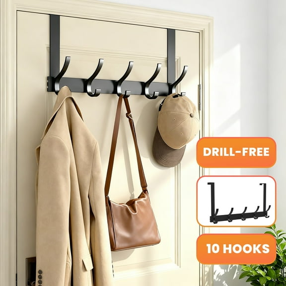 Over Door Hooks, Door Hanger Rack for Hanging with 10 Hooks, Over The Door Towel Racks for Bathroom, Coat Rack Behind Back of Door, Matte Black