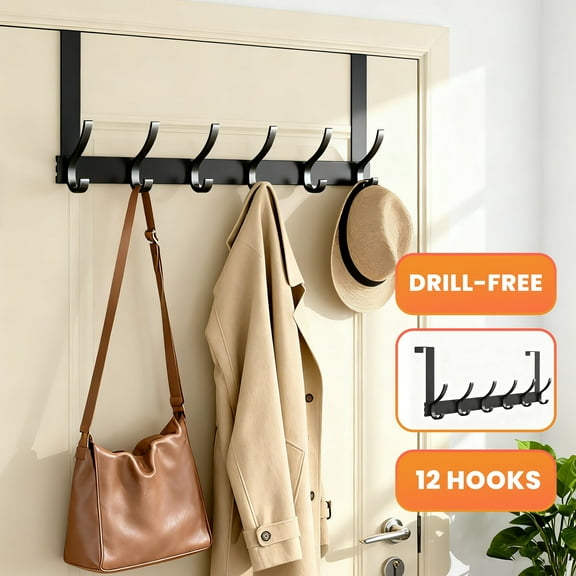 Over Door Hooks, Door Hanger Rack for Hanging with 12 Hooks, Over The Door Towel Racks for Bathroom, Coat Rack Behind Back of Door, Matte Black