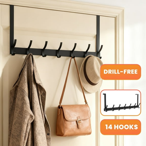 Over Door Hooks, Door Hanger Rack for Hanging with 14 Hooks, Over The Door Towel Racks for Bathroom, Coat Rack Behind Back of Door, Matte Black