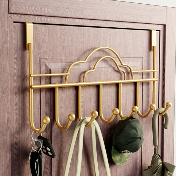 Over-Door Organizer Hooks | Heavy-Duty Iron Storage Rack | 6 Rounded Hooks | Gold/Rose Gold | No-Drill Door Hanger for Coats Towels Bags | 41x22cm Waterproof Home Organization Solution
