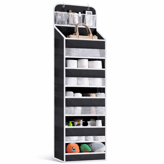 Over the Door Hanging Organizer, 6-Tier Heavy-Duty Fabric Storage Organizer with Mesh Pockets & Metal Hooks, Space-Saving Door Organizer for Bathroom, Bedroom, Closet & Nursery