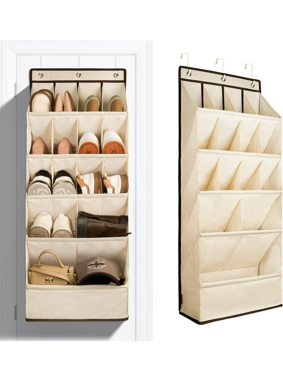Over the Door Shoe Organizers, Hanging Shoe Organizer with Large Deep Pocket Shoe Rack organizer over the door, Wall Shoe Organizer Hold up to 18 Pairs Shoes, 1 Pack Beige
