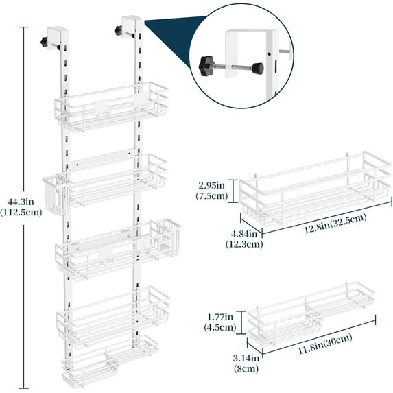 Over Door Shower Caddy - 5 Tier Adjustable Organizer with Toothbrush Holders & Hooks, Rustproof Storage Rack for Bathroom