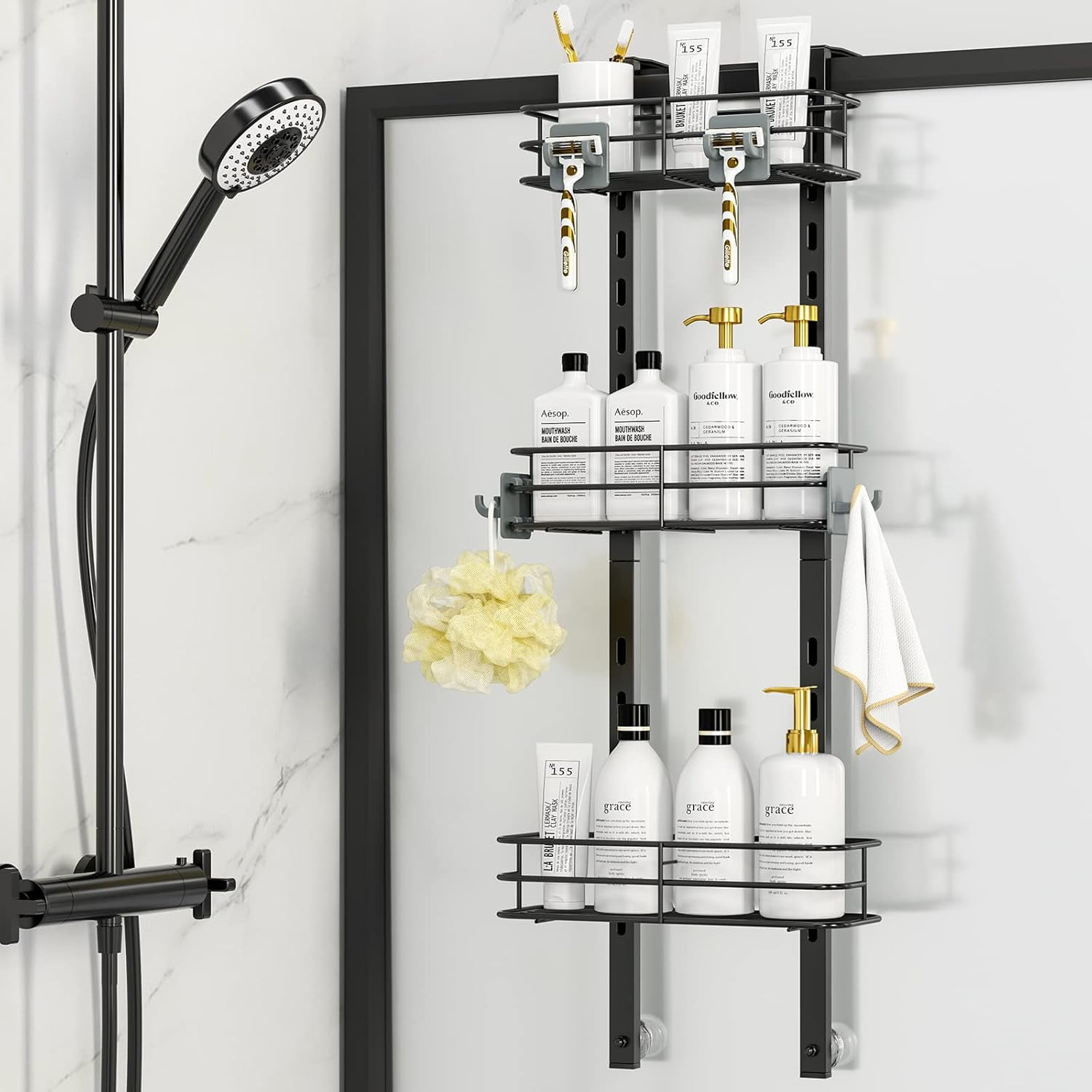 Black Metal Over Door Shower Caddy with Hooks and Suctions