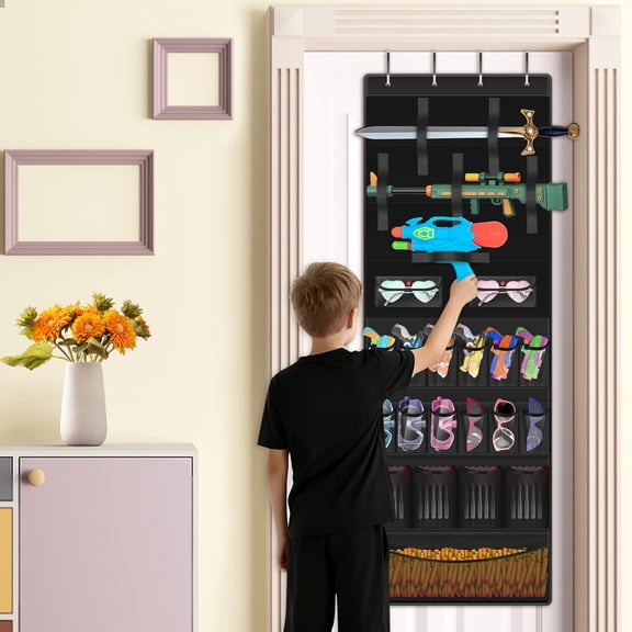 Over Door Toy Storage Hanging Toys Organizer with Pockets, Hook&Loop Straps Toys Storage Door Hanger for Kidroom, Gameroom, Black