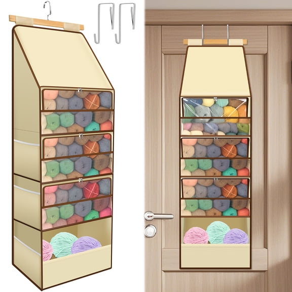 Over Door Yarn Storage Organizer Hanging Yarn Storage Bag with 4 Clear Zipper Compartment and 3 Side Knitting Needles Pocket for Crafters