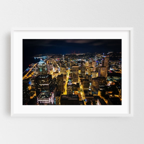 Over Downtown - Seattle Washington Photography White Framed Wall Art Print 24 x 36 inches