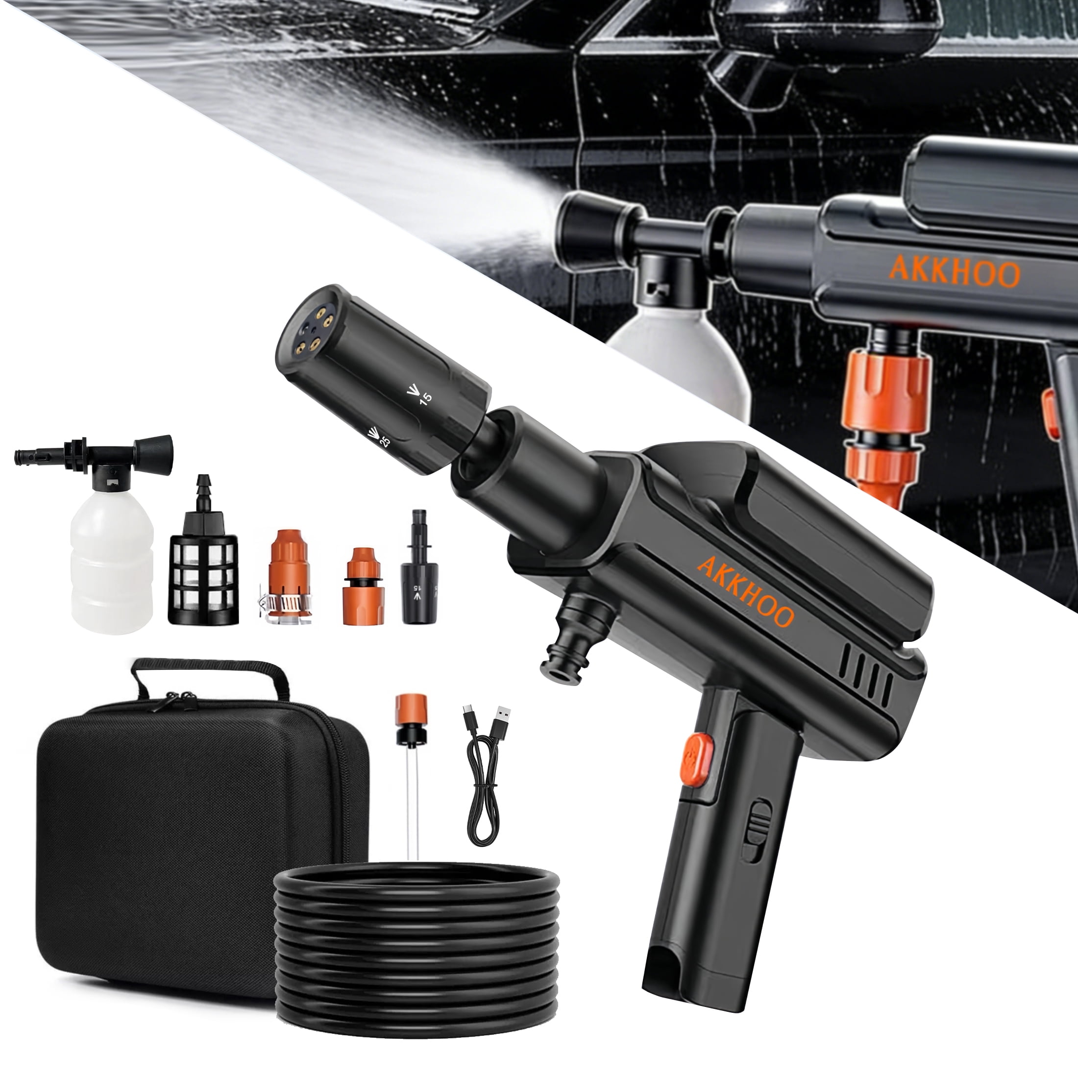 AKKHOO Cordless Pressure Washer 860PSI 1GPM, 3-Cell Battery Included, 5-in-1 Nozzle & 16.4ft Hose, Portable Power Cleaner for Car, Patio, Driveway