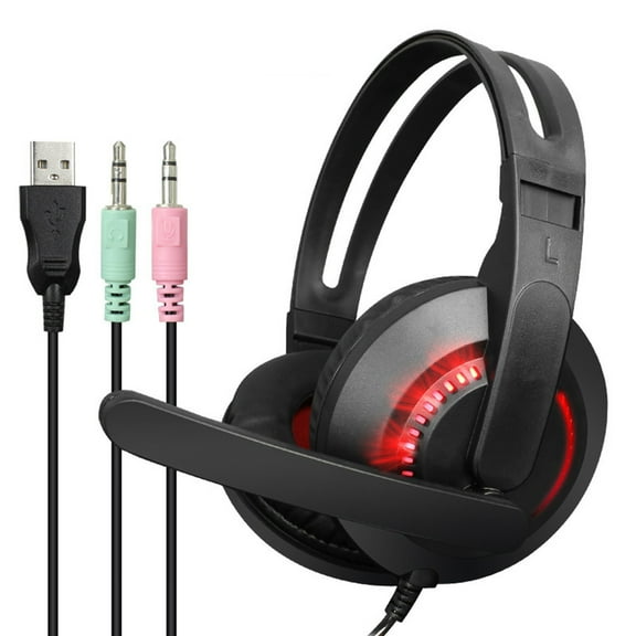 Over Ear Gaming Headset with Red Light Effects, 3D Surround Sound, Built-in Microphone, Wired Connection for PC Computer Gaming