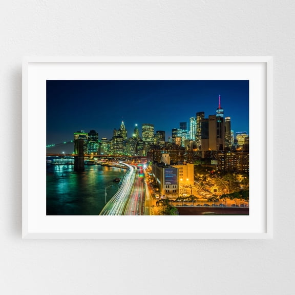 Over FDR 01 - Manhattan New York Photography Cityscape Skyline Nightlife Bridge City Architecture Night Sky White Framed Wall Art Print 5 x 7 inches