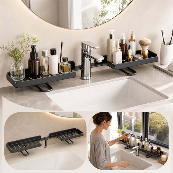 Over-Faucet Bathroom Storage Shelf, metal sink organizer with adjustable fasteners and no-drill mounting above a faucet, for holding soap sponge toiletries shampoo and small bathroom or, Black