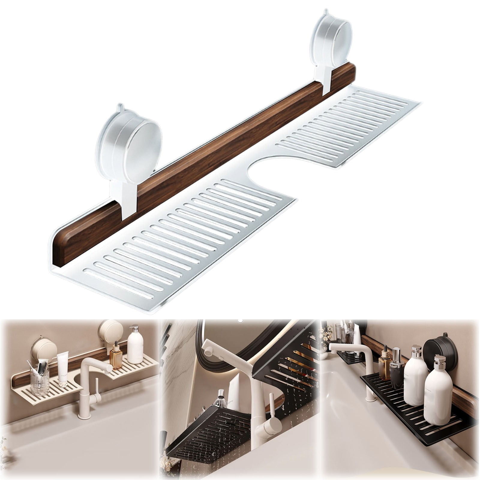 Over-Faucet Suction Cup Shelf, Walnut Wood Bathroom Kitchen Organizer, No Drill Removable Storage Rack for Soap Sponge, Small Spaces & Rvs, A Bathroom And Kitchen Suction Cup Rack
