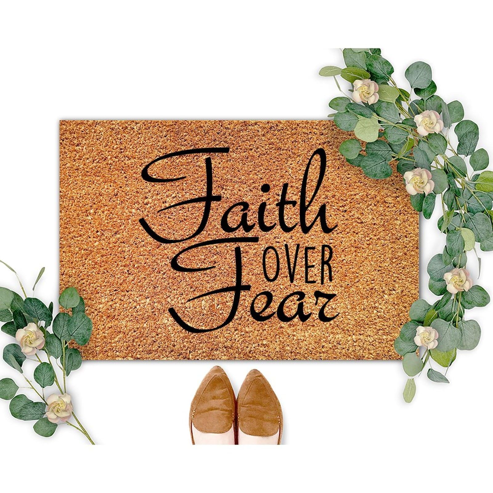 Over Fear Coir Doormat Rug Bible Scripture Funny Weather Resistant Non ...