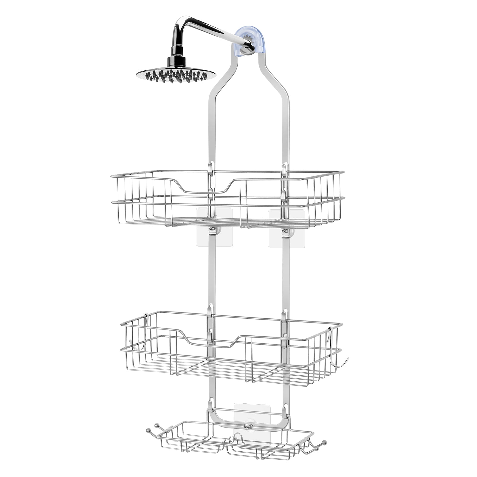 Oumilen Shower Caddy Over Shower Head, Hanging Rustproof Organizer with Hooks and Soap Basket, Silver