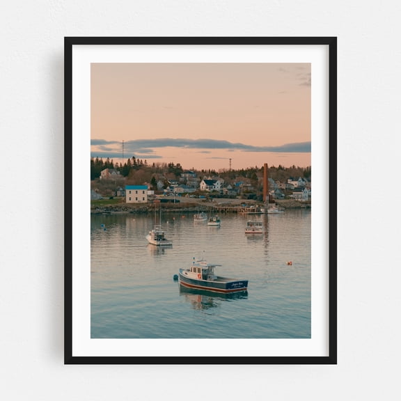 Over Jonesport - Jonesport Maine Photography Harbor Coast Boat Sunset Scenic Rural Ocean Black Framed Wall Art Print 18 x 24 inches