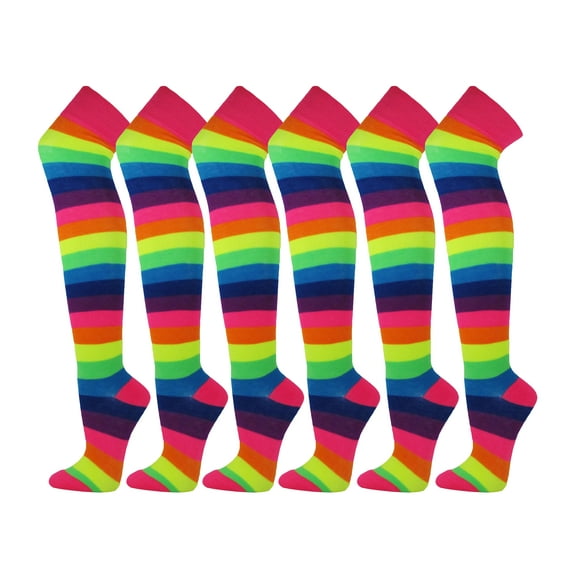 Over Knen Leg Warmer Fashion Design Cotton Thigh High Stockings Cosplay Socks - 6 Pairs Combo (Neon Rainbow Wider Stripes)