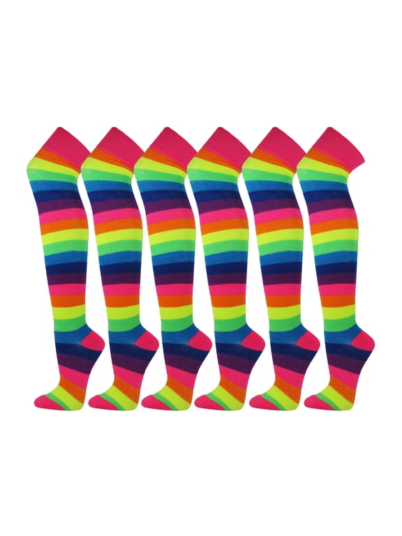 Over Knen Leg Warmer Fashion Design Cotton Thigh High Stockings Cosplay Socks - 6 Pairs Combo (Neon Rainbow Wider Stripes)
