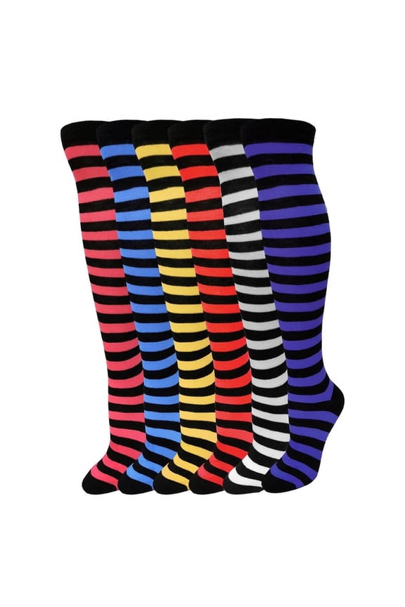 Over Knen Leg Warmer Fashion Design Cotton Thigh High Stockings Cosplay Socks - 6 Pairs Combo (Thin Stripes)