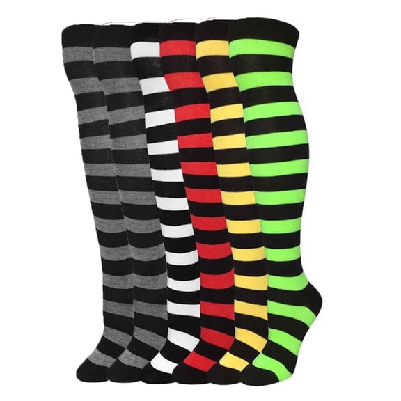 Over Knen Leg Warmer Fashion Design Cotton Thigh High Stockings Cosplay Socks - 6 Pairs Combo (Wide Stripes)