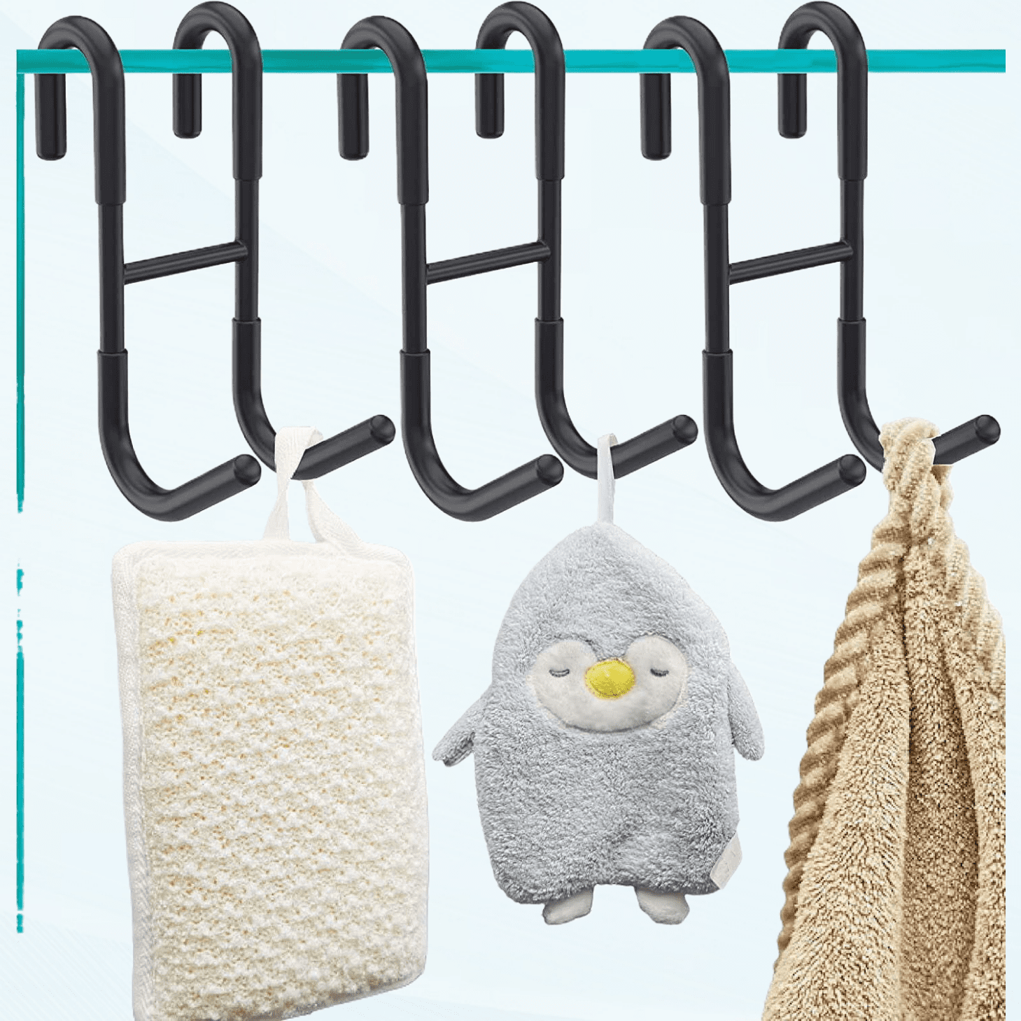 2-Pack No Drill Shower Hooks - Heavy Duty Stainless Steel Towel Hooks For Frameless Glass Doors, Black