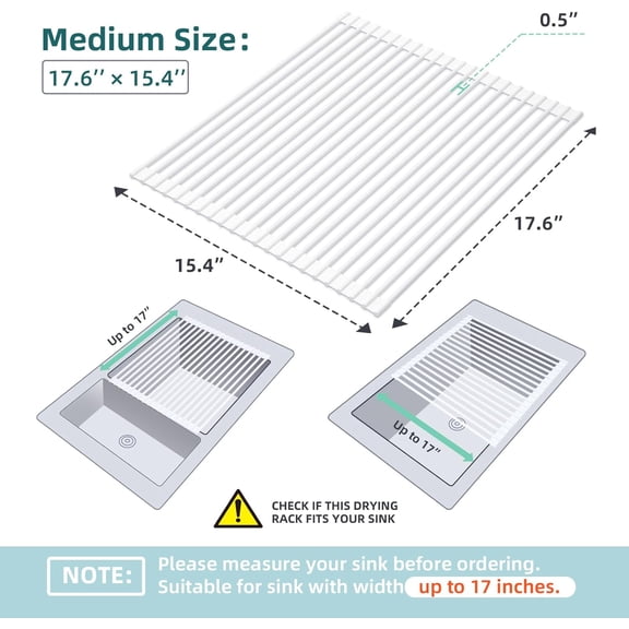 Over Sink Dish Drying Rack, 17.6" W x 15.4" L Roll Up Silicone Coated Kitchen Sink Organizer Foldable Drain Mat Anti-Slip