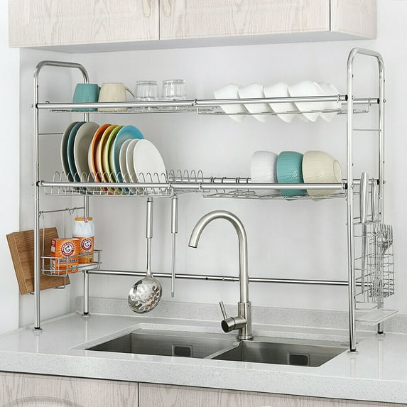 Over Sink Dish Drying Rack 2-Tier Large Capacity Dish Rack Bowl Shelf Steel