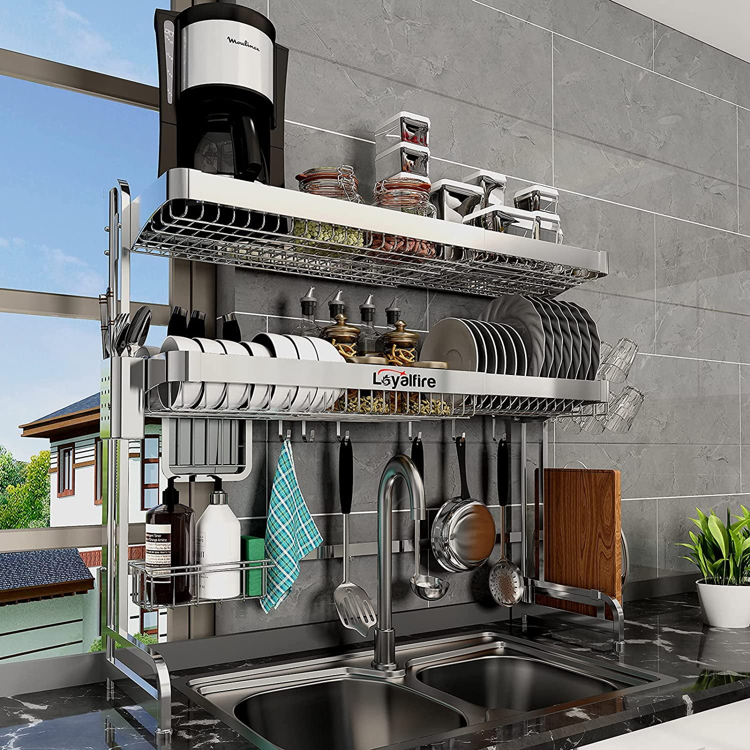 Over Sink Dish Drying Rack 3 Tier Adjustable Length 20.87 to 37.6 Full Stainless Steel Large Storage Kitchen Dish Rack Expandable Drainer