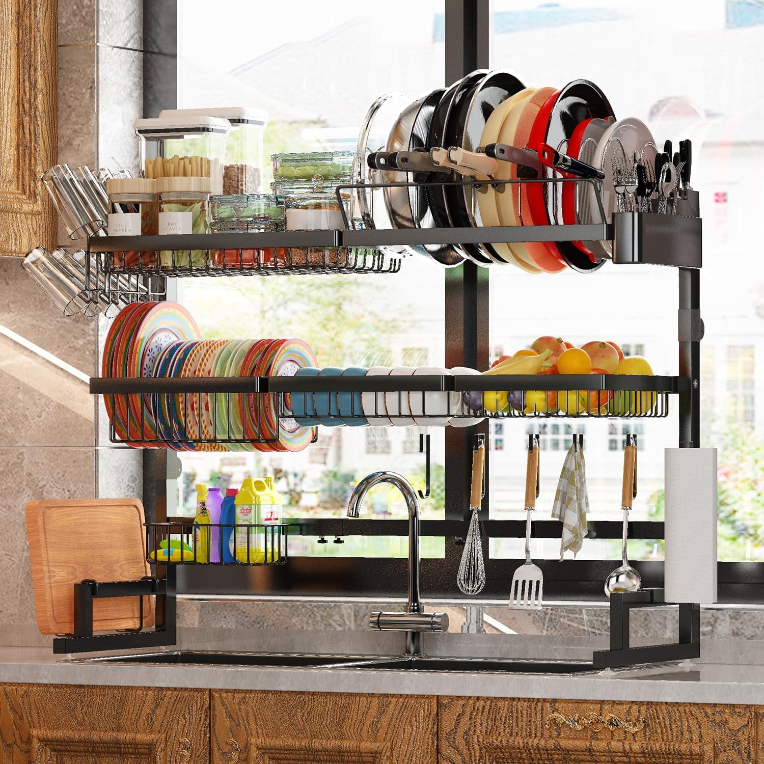 Over Sink Dish Drying Rack (Expandable Height/Length) Snap-On Design Large Dish Drainer Storage Counter Organizer 32-40L x 12W x 34-38H (inches)