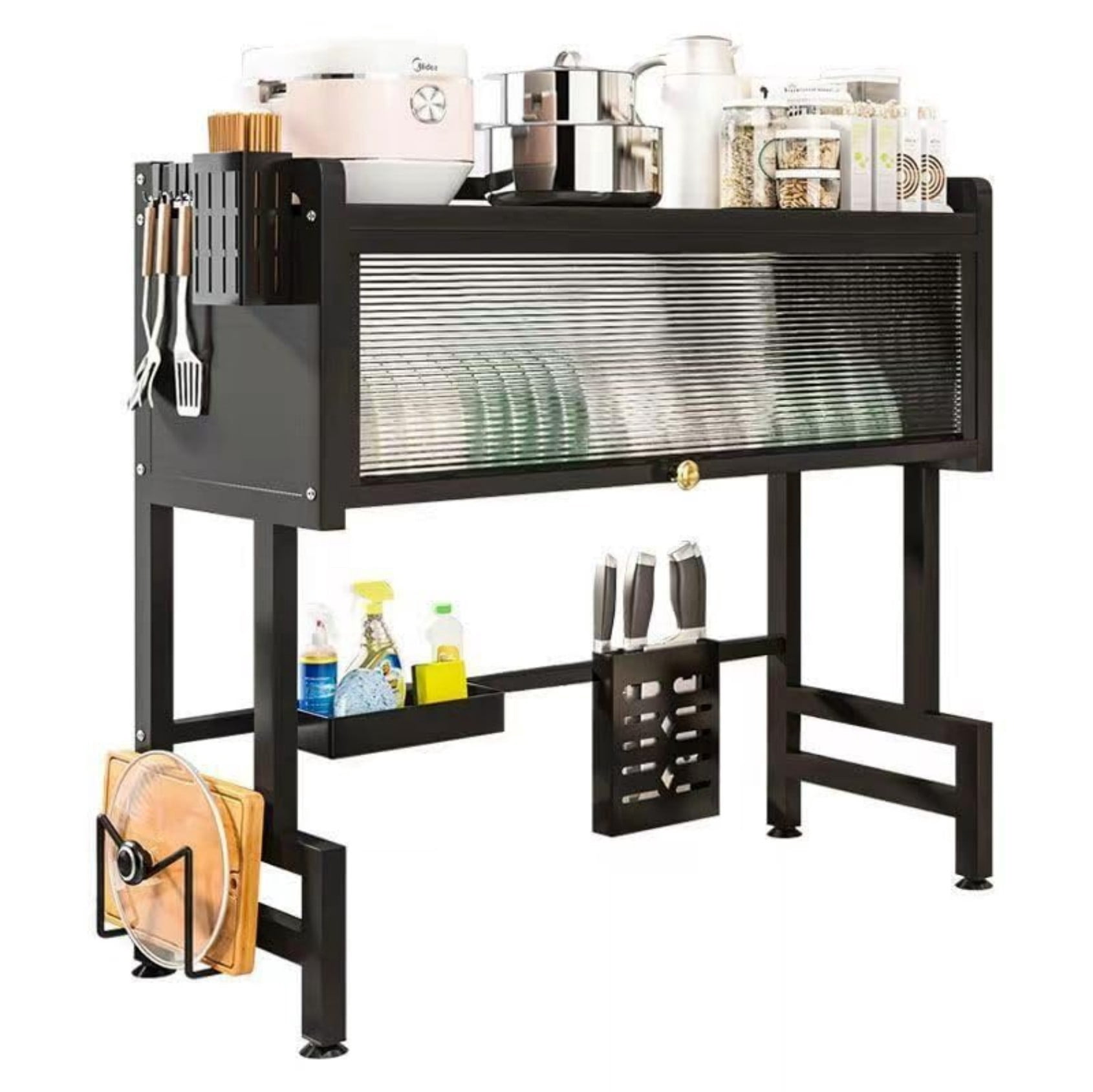 Over Sink Dish Drying Rack with Door, 33 Inch Space Saving Over Sink Dish Rack with Cover, Metal Dish Drainer with Cutlery Holder, Black