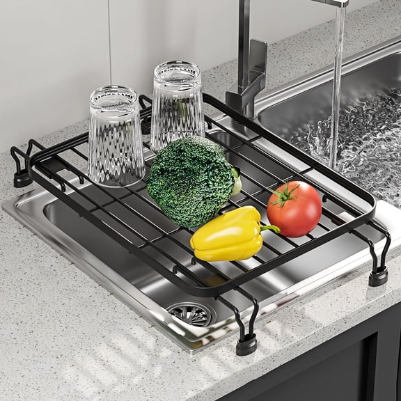 Over-Sink Kitchen Sink Drying Rack - 13.78" Retractable Dish Drainer, Multi-Functional Utensil Organizer & Strainer for Countertop, Ferroalloy