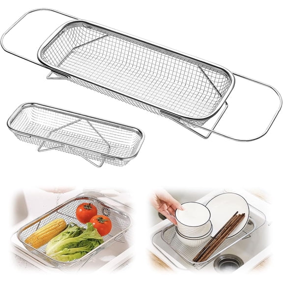 Over Sink Mesh Colander Expandable Stainless Steel Vegetable Basket for Kitchen40*13*6.5cm
