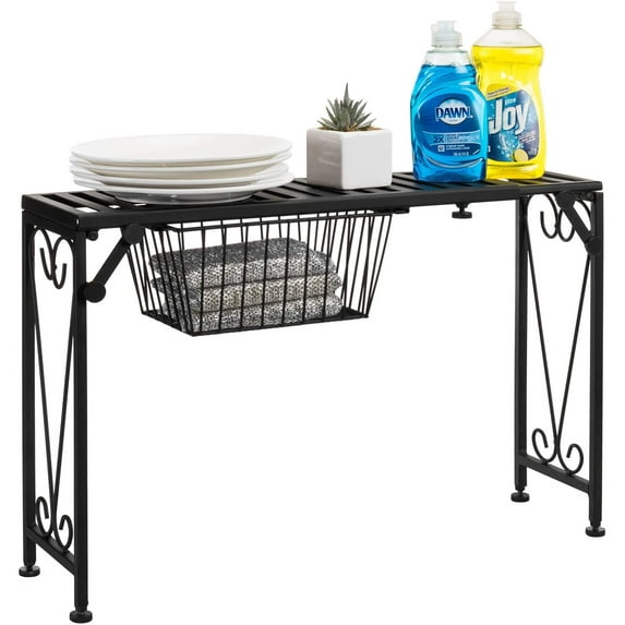 Over Sink Shelf with Pull Out Drawer, Expandable Black Metal Kitchen Over The Sink Shelf Rack, Bathroom Storage Shelf Riser with Scrollwork Design