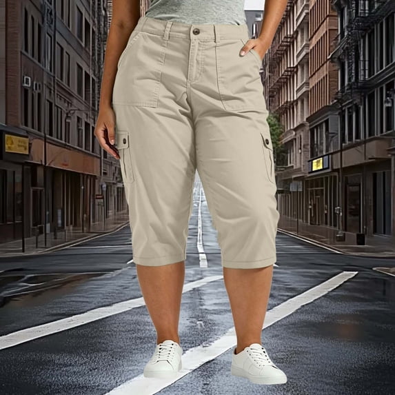 Over Size Cargo Pants For Women Summer Casual Elastic High Waist Loose Cropped Pants with Multi Pockets