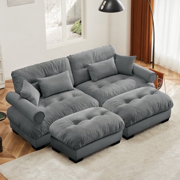 Modern Over-Size 2-Seater Sofa with Ottoman in Grey Velvet for Living Room