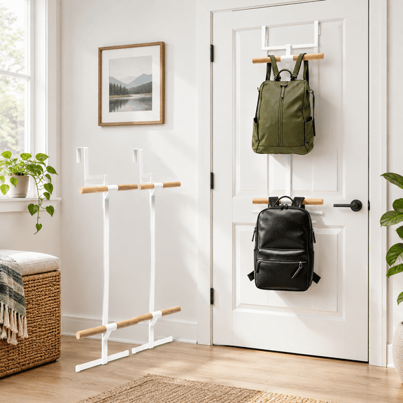 Over The Door 2-Tier Metal Backpack Hanger, White, Heavy Duty Storage Rack for Closet Entryway