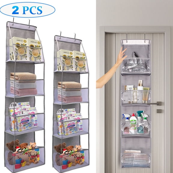 Over-The-Door 4-Tier Hanging Pantry Organizer with Clear Plastic Pockets, Large Capacity Space-Saving Storage for Kitchen, Bathroom, Closet, Bedroom,2PCS-Grey