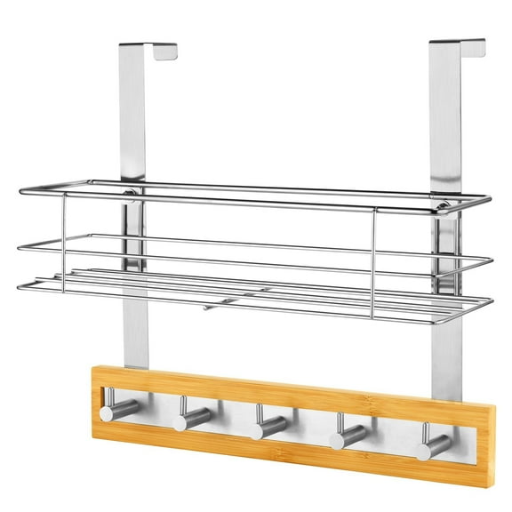 Over The Door Bamboo Wooden Hanger with Basket 5 Stainless Steel Hooks Clothes